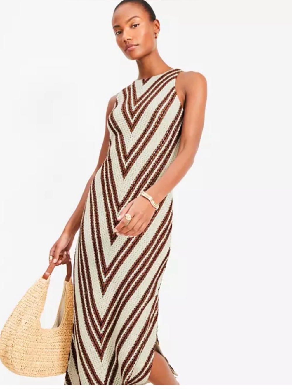LOFT Cream and Brown Chevron Midi Dress